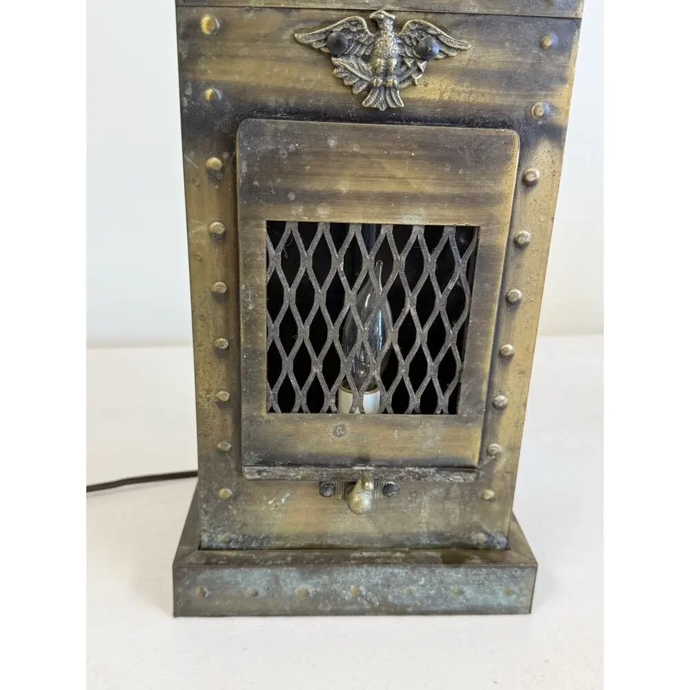 Vintage Gothic Medieval Revival Lantern Table Lamp Brass Wood Eagle 27.5